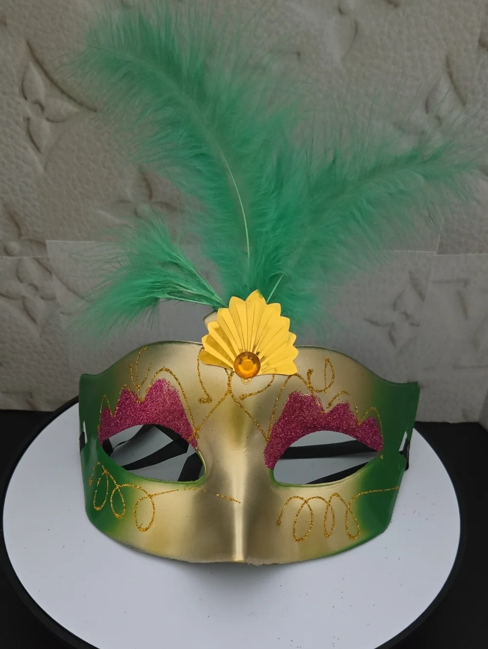 Gold & Green Feather Mardi Gras Mask with Pink Accents